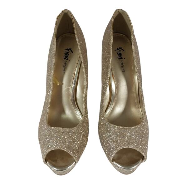 FIONI NIGHT! SHIMMERY GOLD STARDUST PEEP TOE STILETTO, PLATFORM HEELS! SZ 7.5M - Picture 4 of 10